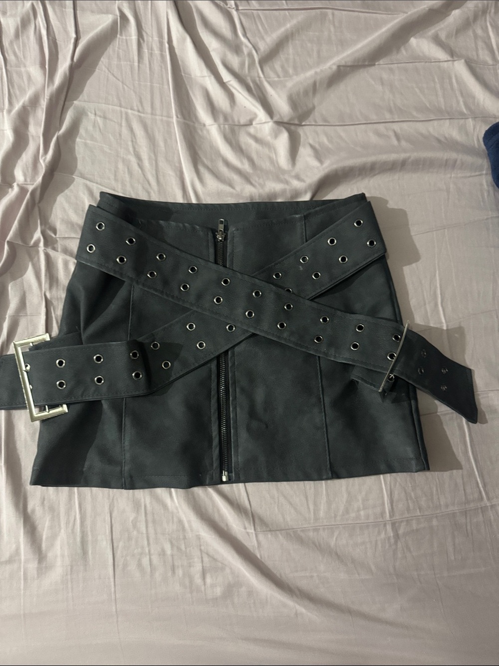 Black Faux-Leather Mini Skirt with Grommet Belt